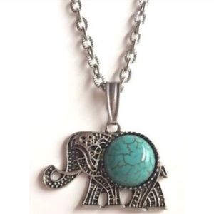 Vintage Turquoise Stone Elephant Necklace 24" X-Long Trunk Up Tribal Silver Tone